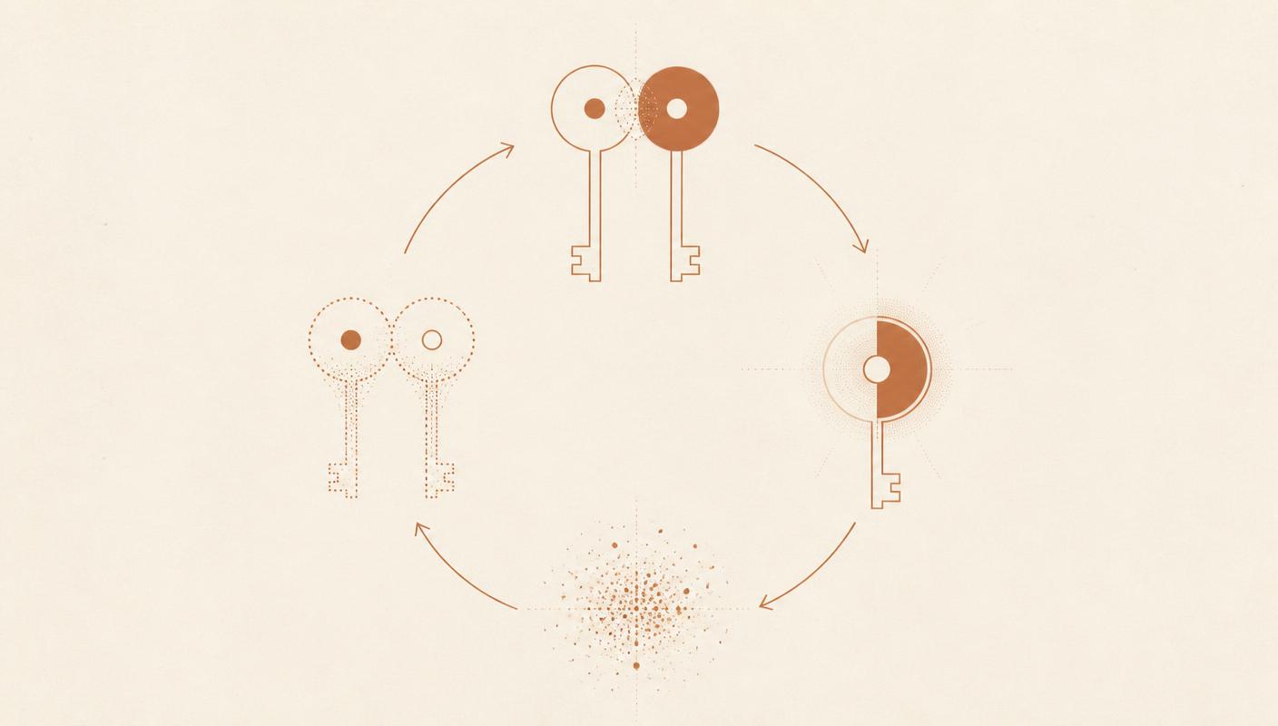 Each session mints a one-time keypair, derives a session key, then destroys both